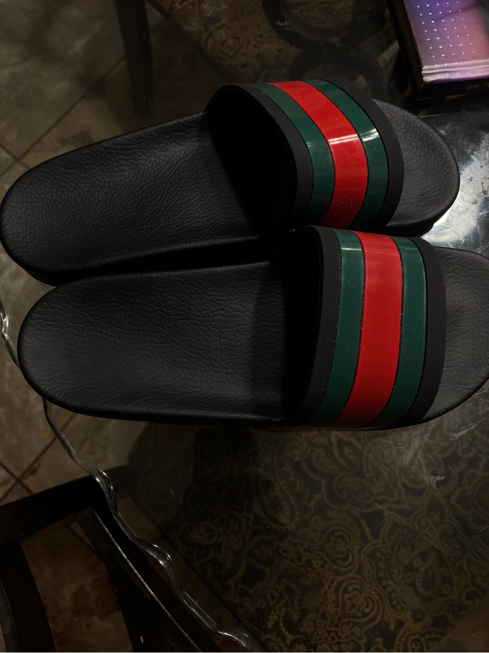 Gucci Black Slide Sandals with Red and Green Stripes